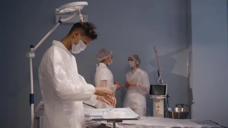 Equipo médico preparándose para un procedimiento. Escena genérica.