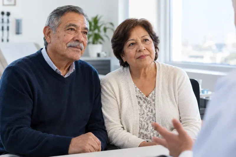 Escena ilustrativa generada: pareja mayor escuchando en consulta.