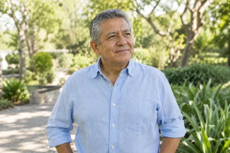 Escena ilustrativa generada: hombre mayor en un jardín.